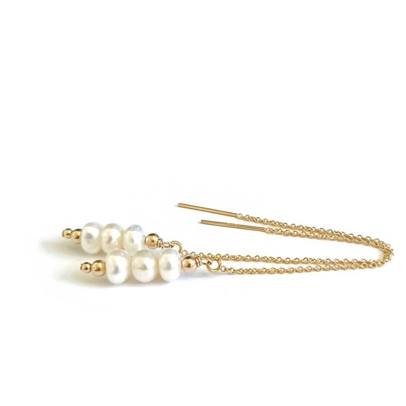 Real Freshwater Pearl Threader Earrings Dainty 14k Gold Filled Pearl Ear Threads - Picture 4 of 5